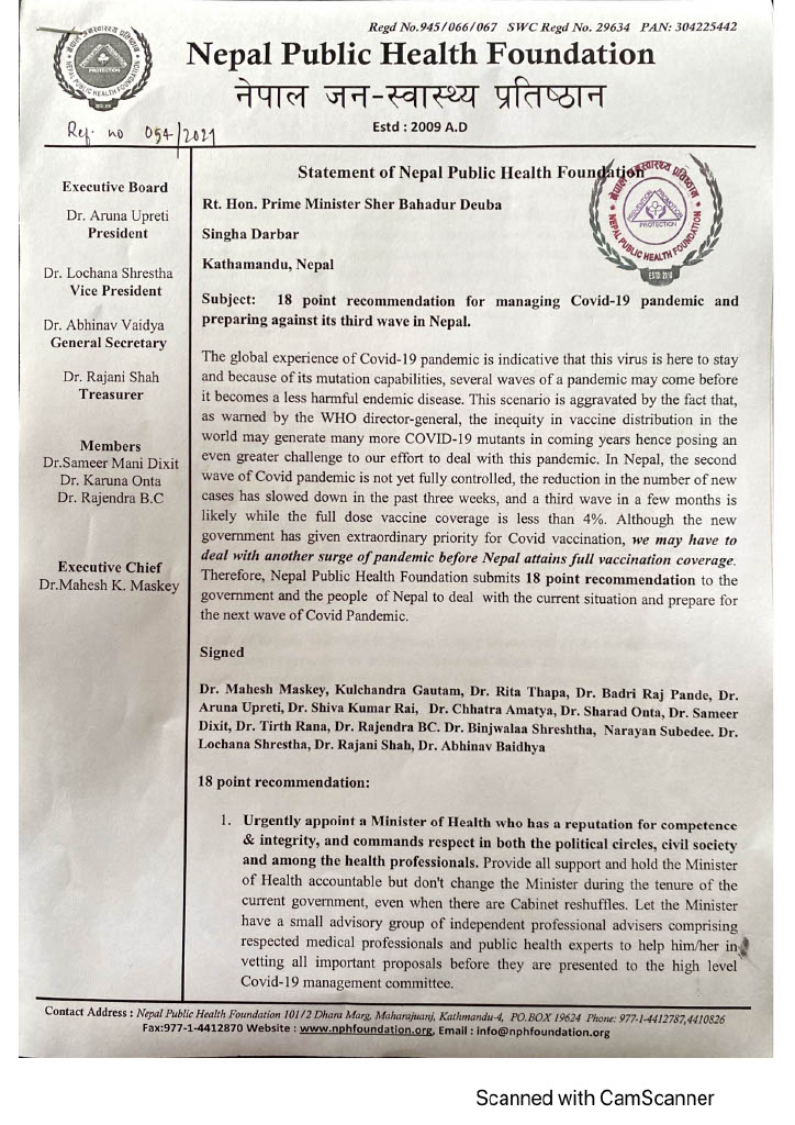 NPHF Releases Statement for Managing COVID-19 Pandemic and Preparing against its Third Wave in Nepal  to PM Sher Bahadur Deuba